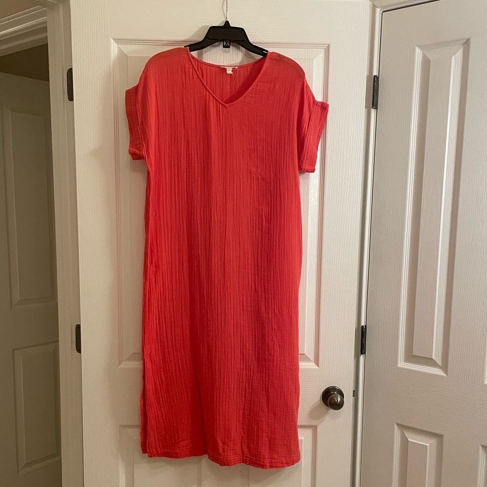 EILEEN FISHER Organic Cotton Gauze V-Neck Short Sleeved Dress in Orange - Picture 2 of 8